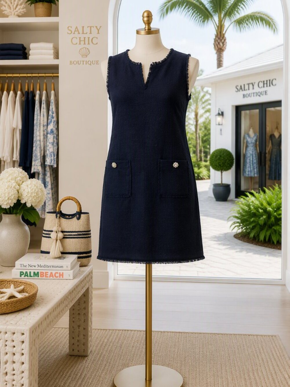 Karl Lagerfeld Navy Sleeveless Tweed Shift Dress